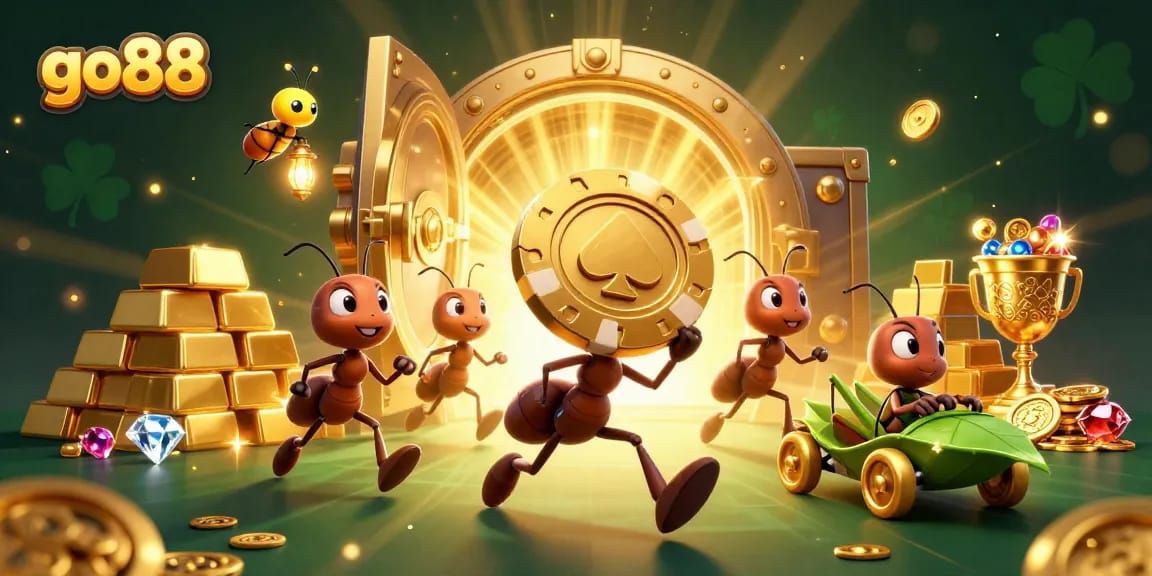 Engage with go88's thrilling casino adventure showcasing a heist with ants and gems.