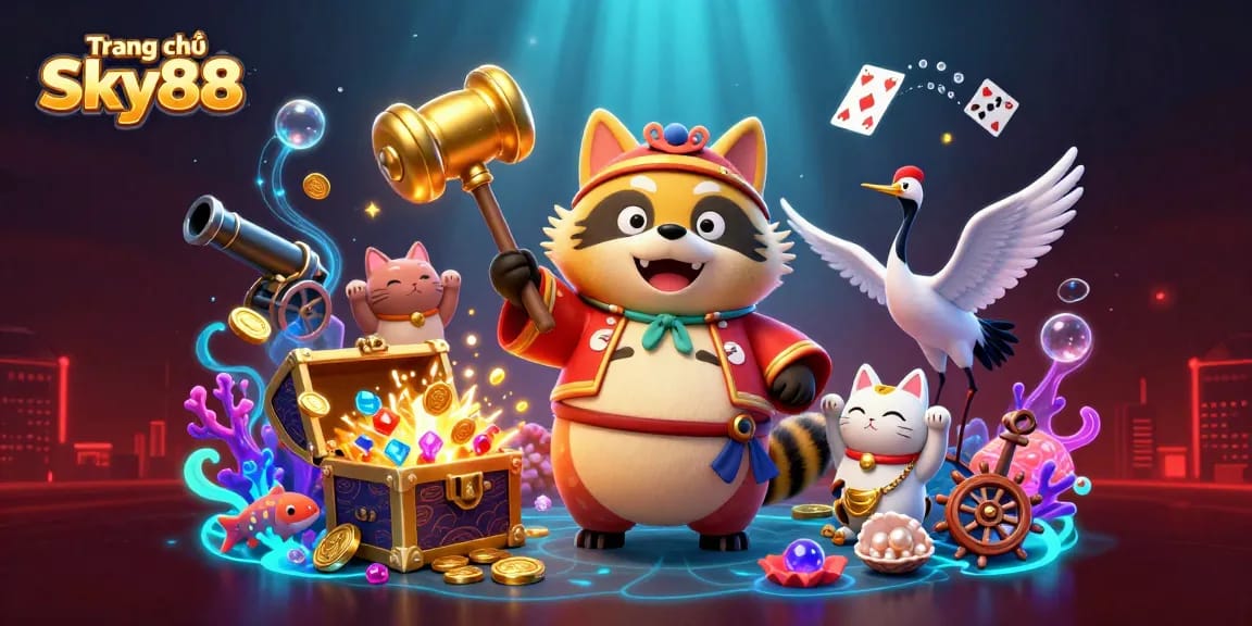 Experience excitement at Trang chủ Sky88 with cheerful cartoon characters celebrating casino fun and lucky symbols.