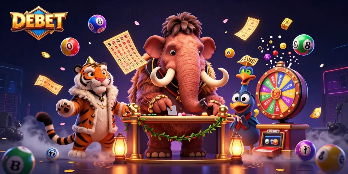 Witness the DEBET casino scene with vibrant lottery elements and interesting characters in a stunning 3D illustration.