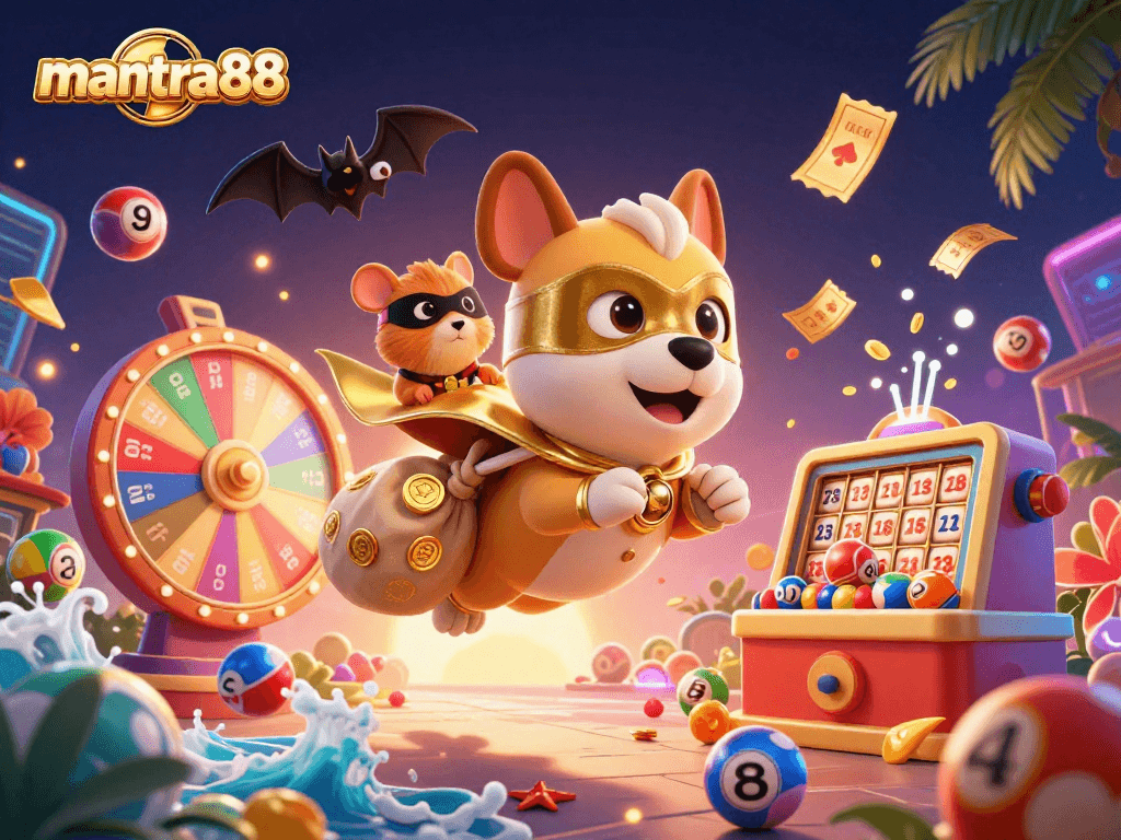 Unleash excitement with mantra88 as a superhero dog delivers gold coins in a thrilling casino scene.