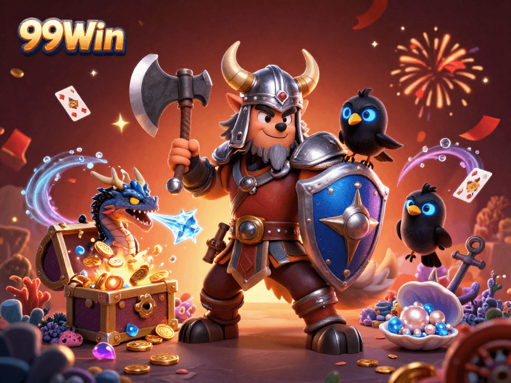 Experience the thrilling adventure of 99Win with dynamic characters in a rich casino scene.