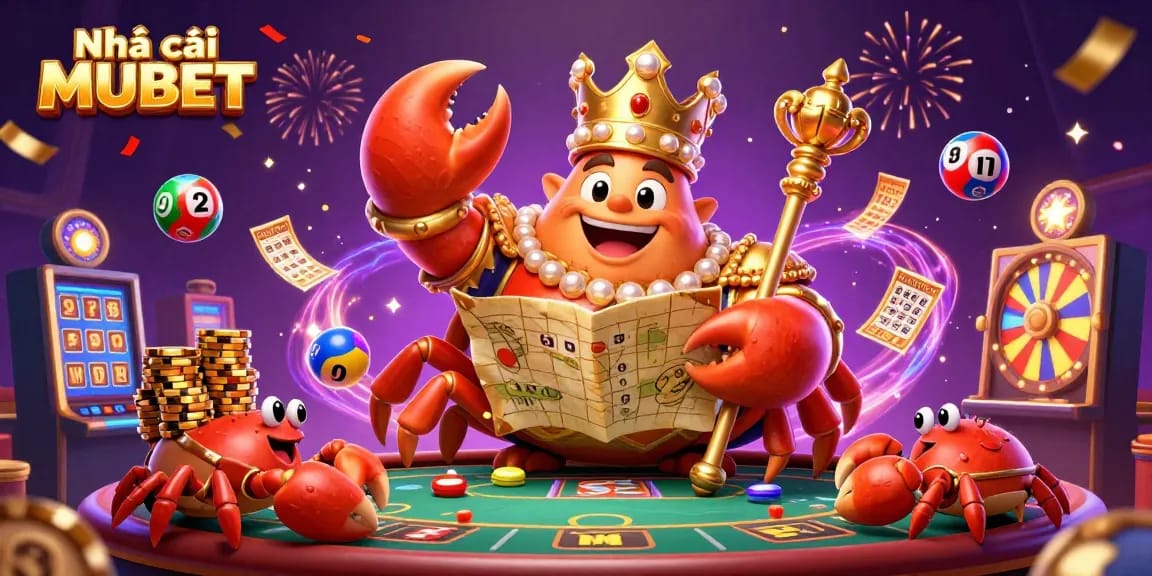 Engage with Nhà cái MUBET’s vibrant casino scene featuring a golden crab emperor showcasing lottery excitement and gaming fun.