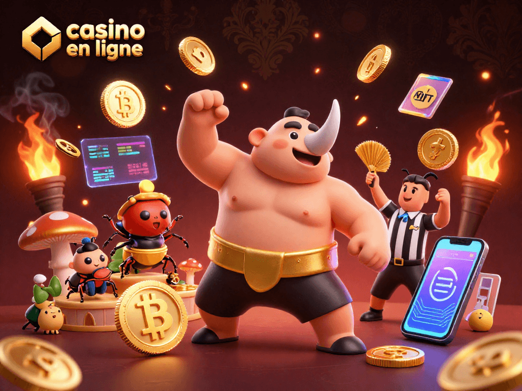 Célébrez le casino en ligne avec un coléoptère rhinocéros sumo et des pièces d'or brillantes.