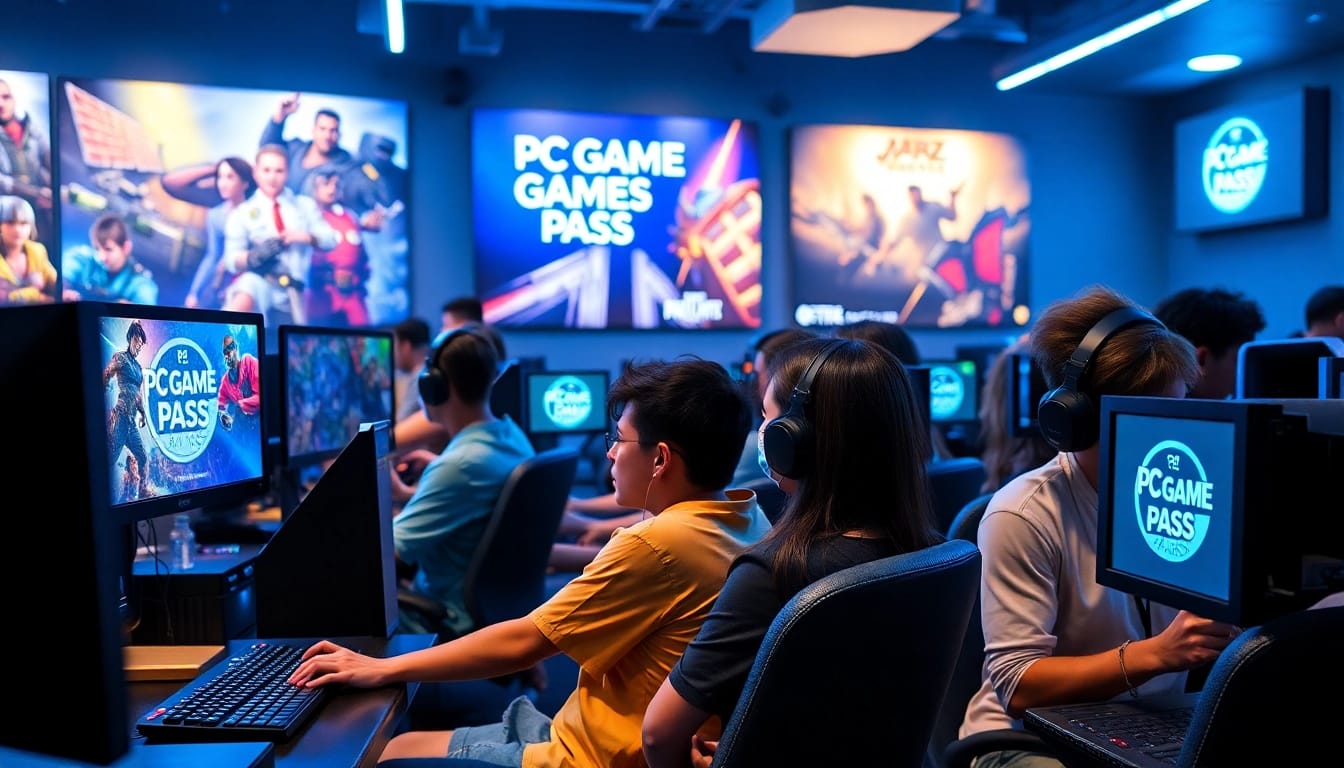 Engaged gamers enjoying diverse PC Game Pass games in a vibrant gaming setup.