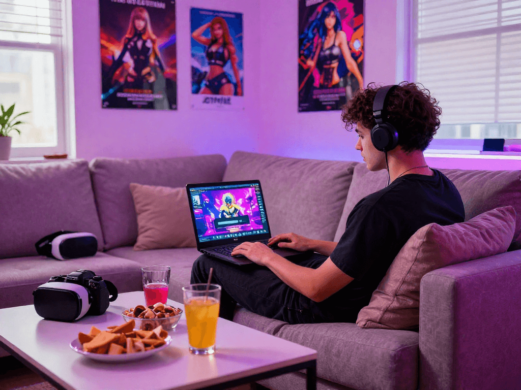 Engaging in a vibrant porn game experience in a cozy lounge setting, showcasing gaming ambiance.