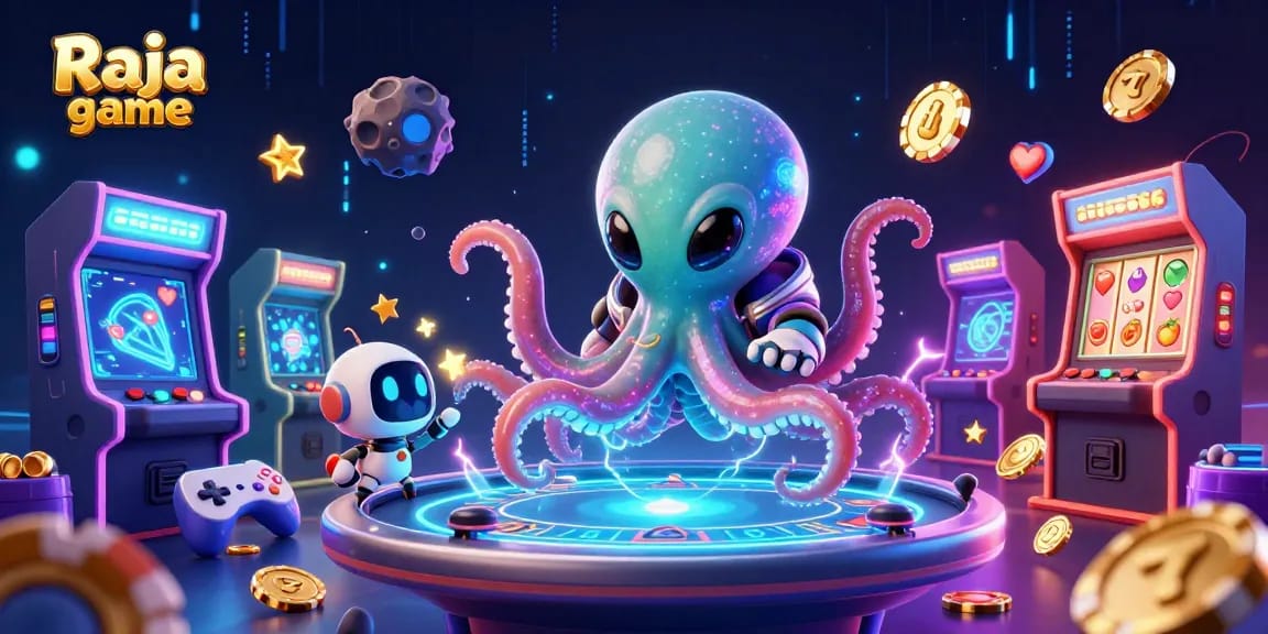 Engage in thrilling Raja game action with an alien octopus at a holographic poker table surrounded by vibrant casino elements.
