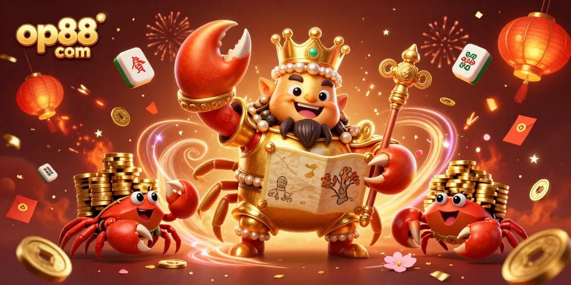 Join the excitement at op88 com with the golden crab emperor in a vibrant casino scene.
