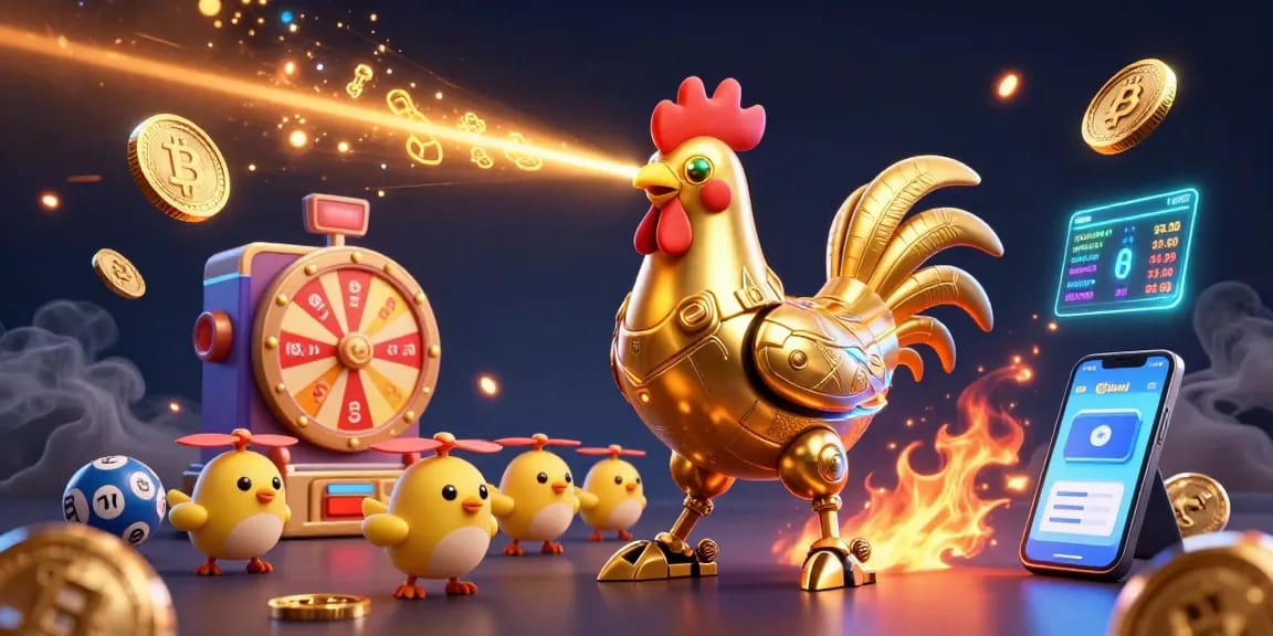 Engage in cpc88 cricket betting with golden rooster robot leading a dynamic lottery game scene.