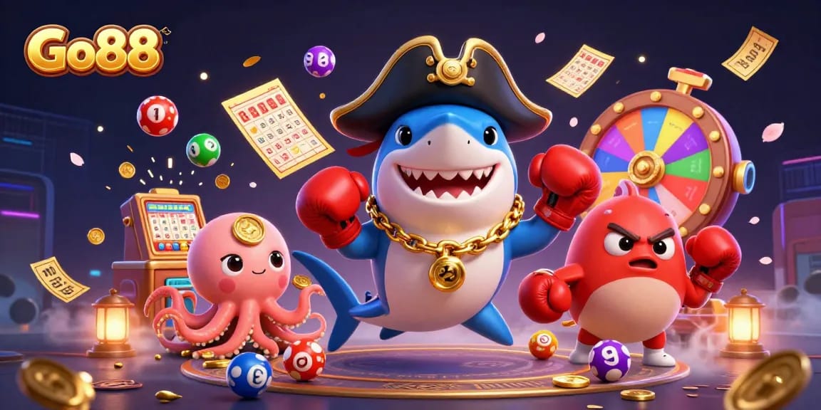 Experience thrilling wins with Go88 in this vibrant, action-packed casino scene featuring colorful game elements.