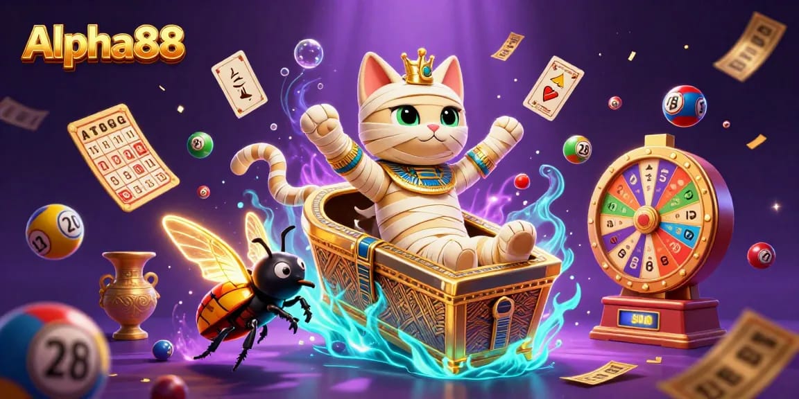 Experience thrilling gameplay at Alpha88 with an Egyptian mummy cat and vibrant casino elements.