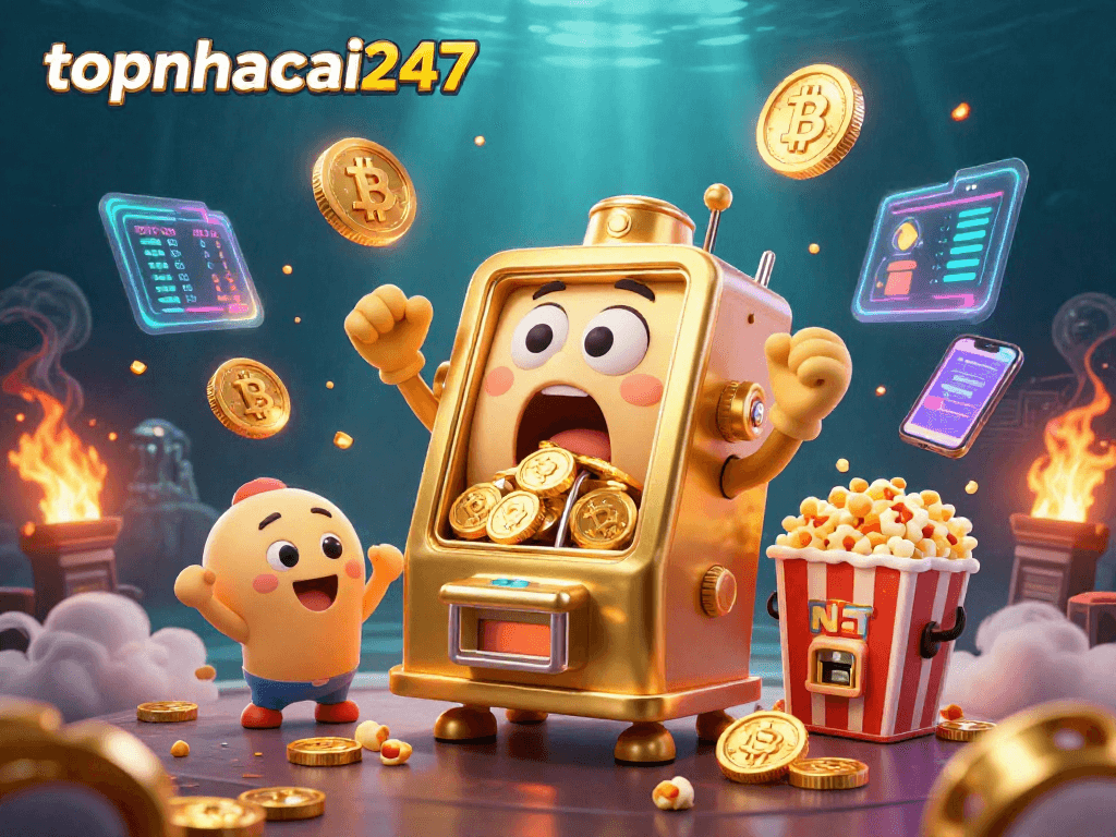 Experience the thrill with topnhacai247 as a golden slot machine hits a jackpot, surrounded by crypto coins and cheering machines.