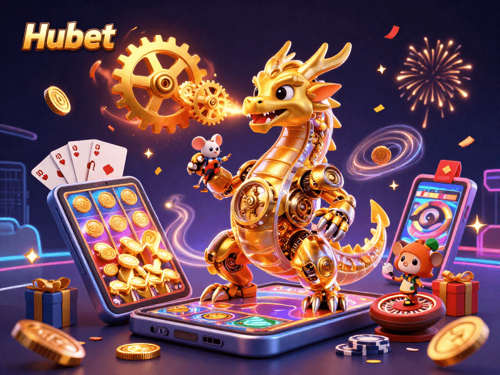 Hubet showcases a thrilling casino world with a golden dragon and dynamic gaming elements.