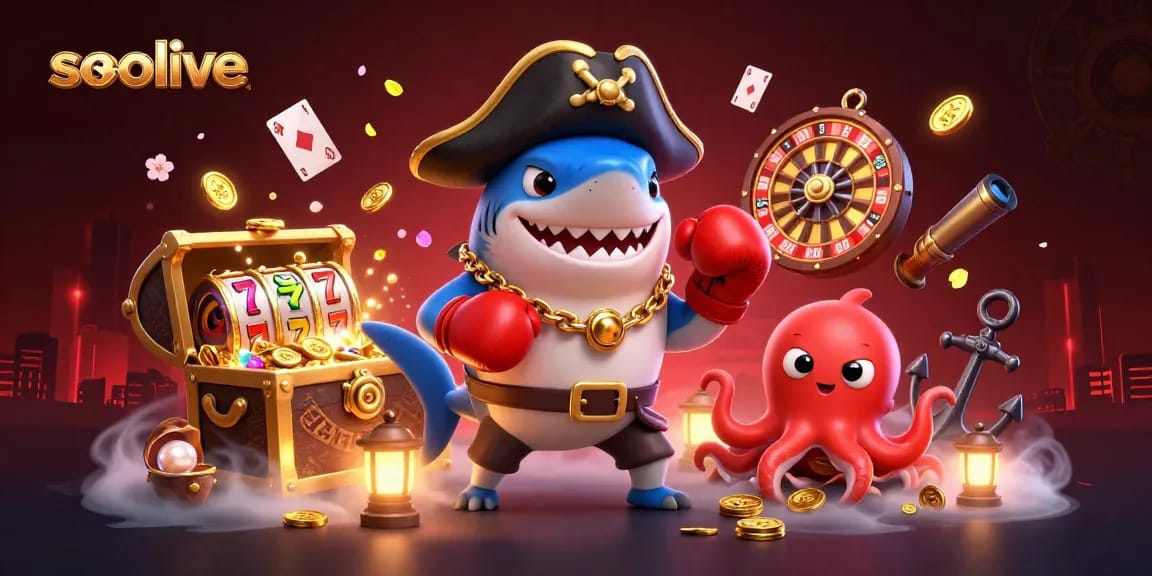 Socolive showcases lively gambling scene with a pirate shark, pufferfish, and octopus in a vibrant underwater casino setting.