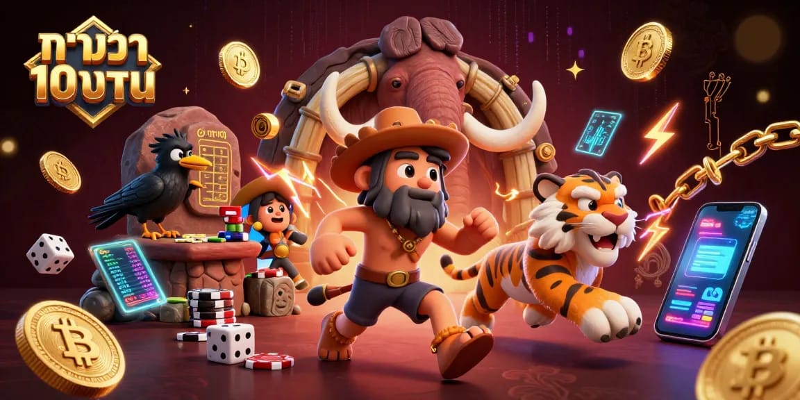 Engage in บาคาร่า 10 บาท with a vibrant 3D casino scene featuring prehistoric characters and crypto elements.