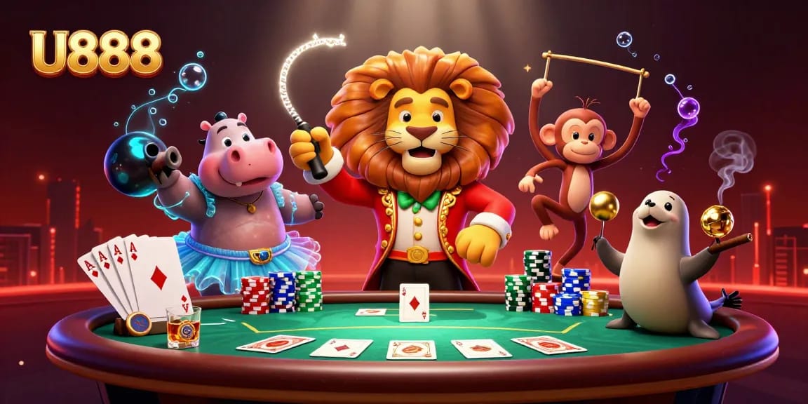 Win big at U888 with a vibrant circus-themed poker scene featuring lively characters and game elements.