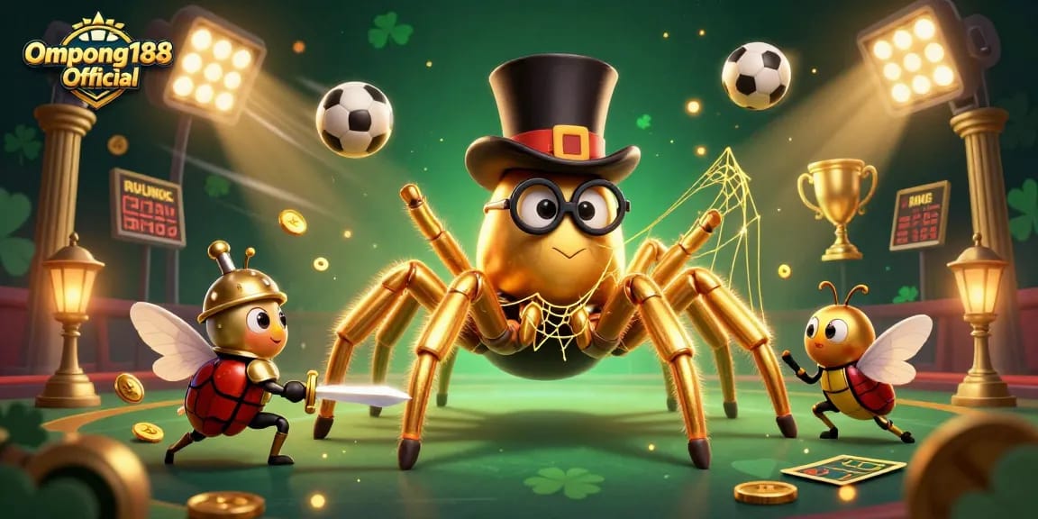 Ompong188 Official menampilkan tarantula emas raksasa dan ksatria kumbang yang berani dalam suasana kasino.