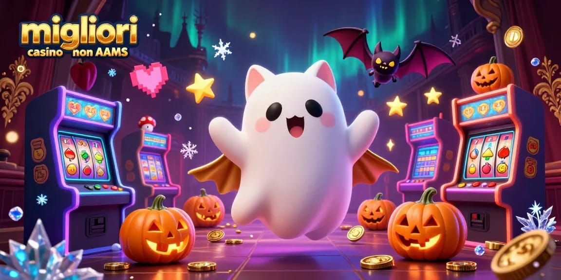 Scopri i migliori casino non AAMS con un'immagine vivace di un gatto fantasma e simboli di gioco.