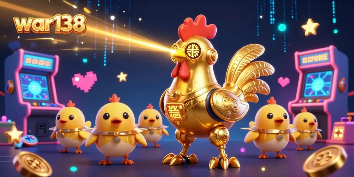 Engage with war138 - An exciting promo illustration of a golden rooster robot and baby chick drones surrounded by dynamic casino game elements.