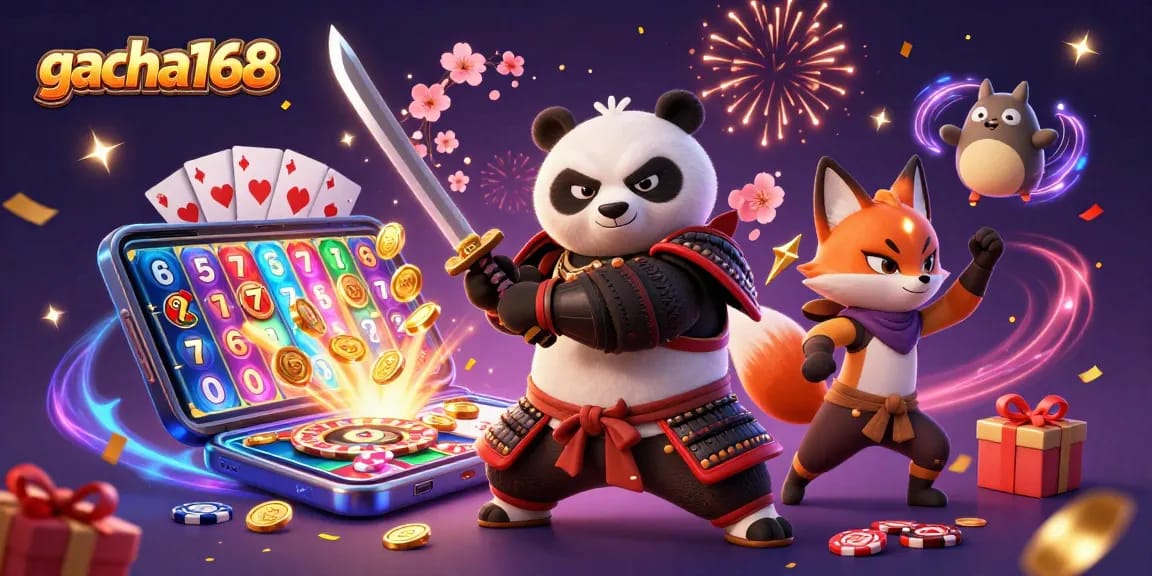 Engage in thrilling gameplay with gacha168's dynamic slots, as a samurai panda and ninja fox take center stage.