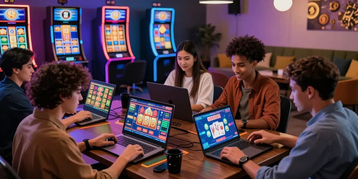 Exciting crypto casino scene with friends gaming online, showcasing vibrant digital currency visuals and modern lounge.