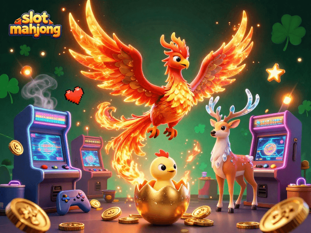 Experience thrilling slot mahjong gameplay with our vibrant 3D illustration showcasing casino elements and characters.