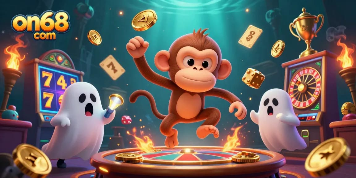 Experience the thrilling action of on68 com with golden monkey juggling coins and lively casino elements.