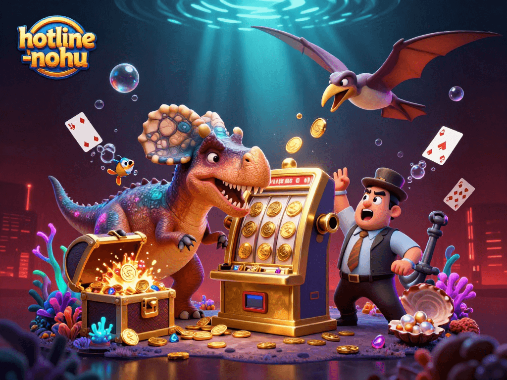 Engage in jackpot action at hotline-nohu with a vibrant casino scene featuring playful dinosaurs and golden coins.