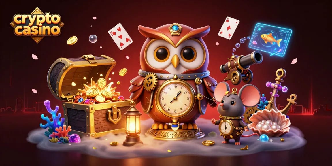 Découvrez un crypto casino dynamique avec une chouette voyageuse steampunk entourée de trésors aquatiques.