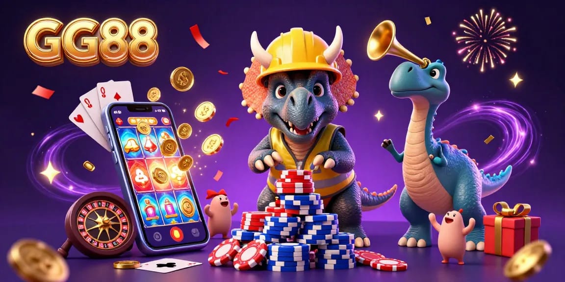Experience GG88's vibrant casino culture with a triceratops and parasaurolophus celebrating amidst game elements.