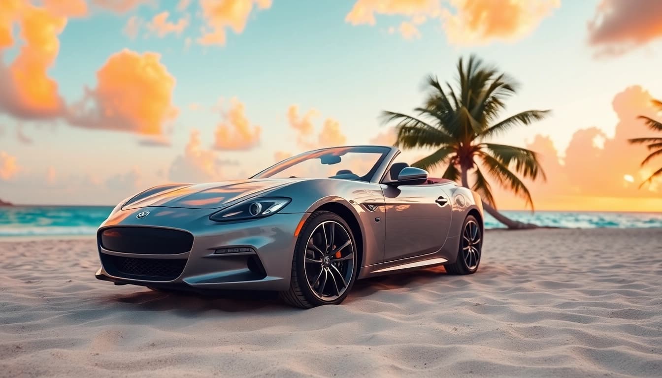 Experience st barth car rental with a convertible parked on a beautiful beach at sunset.
