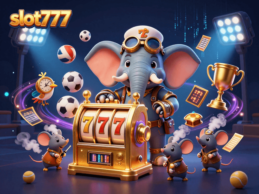 Experience thrilling gameplay at slot777 with a steampunk elephant and exciting slot machine action.