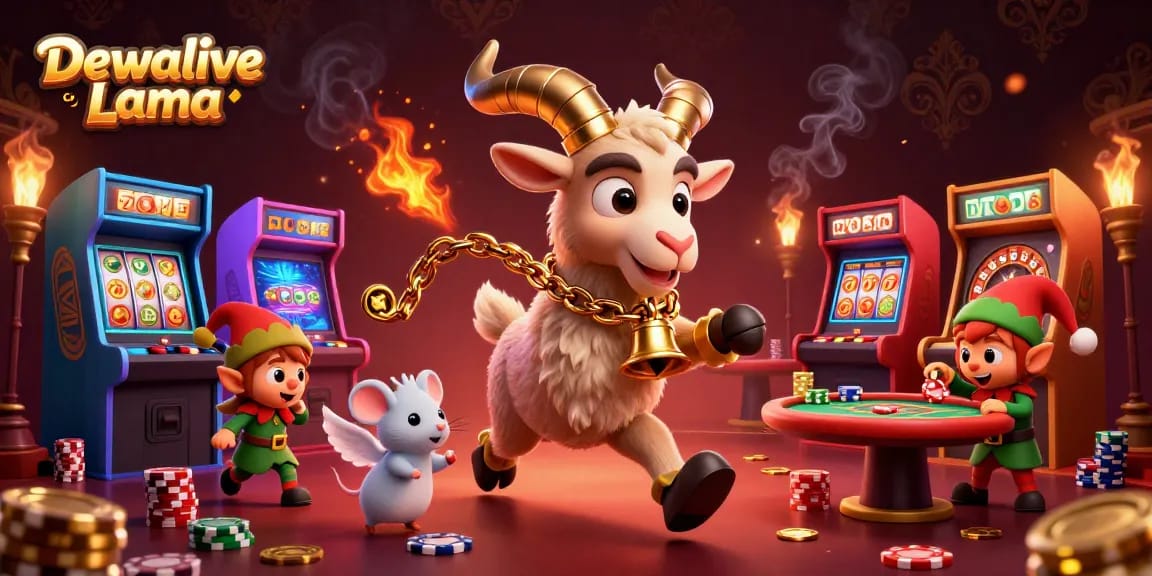 Spin to win with Dewalive Lama in a festive horror casino featuring playful characters and glowing gaming elements.