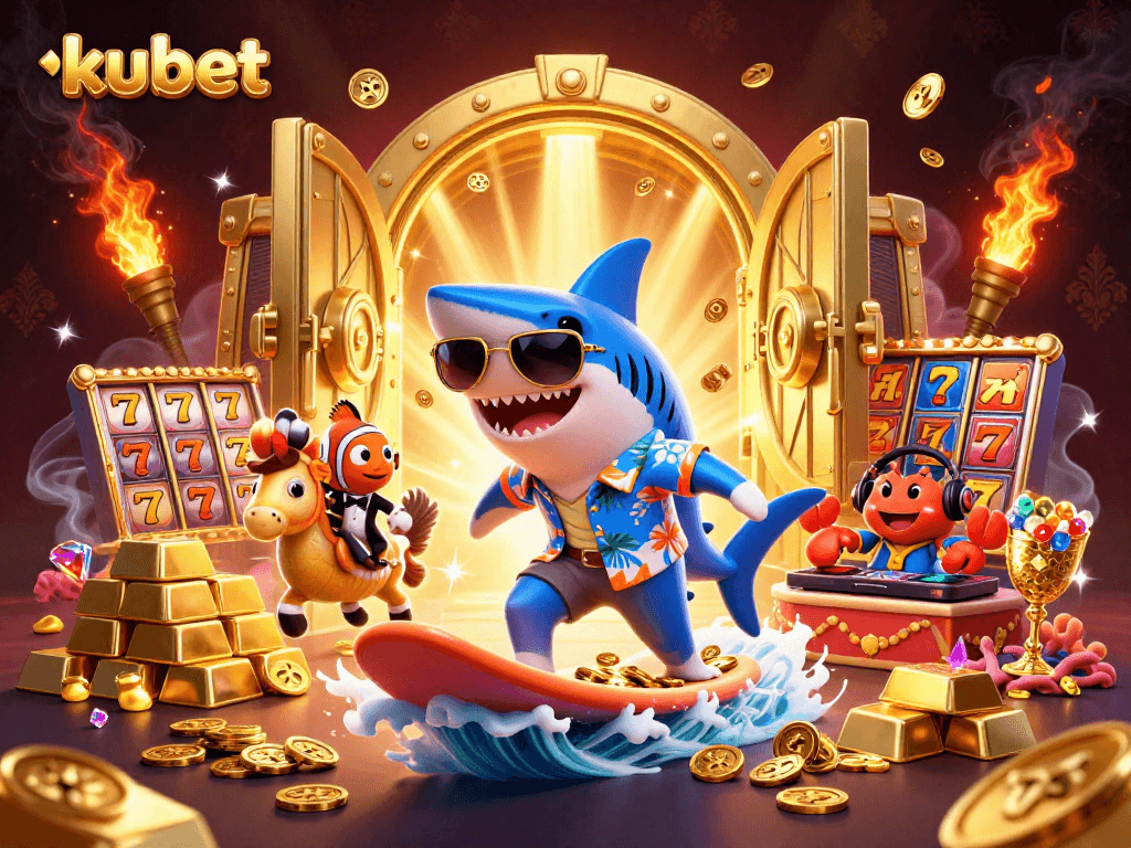 Experience thrilling jackpots with kubet featuring a shark and clownfish in a rich 3D casino atmosphere.