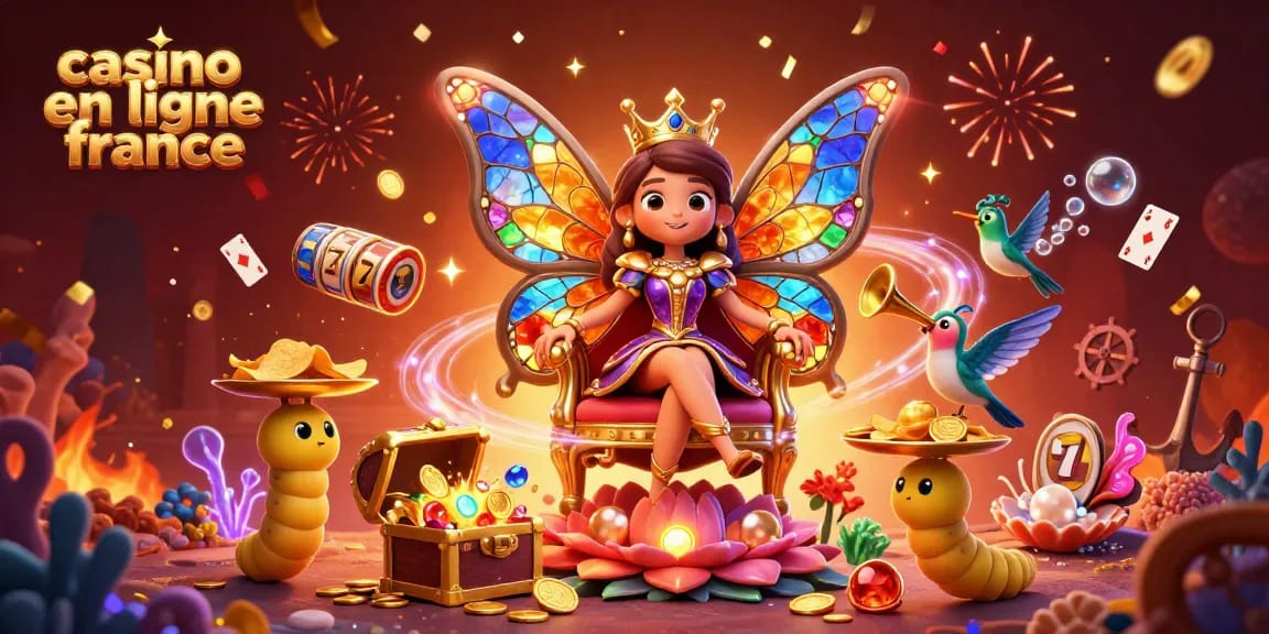 Jouez sur un casino en ligne France avec la reine des papillons et des éléments colorés de jeux.