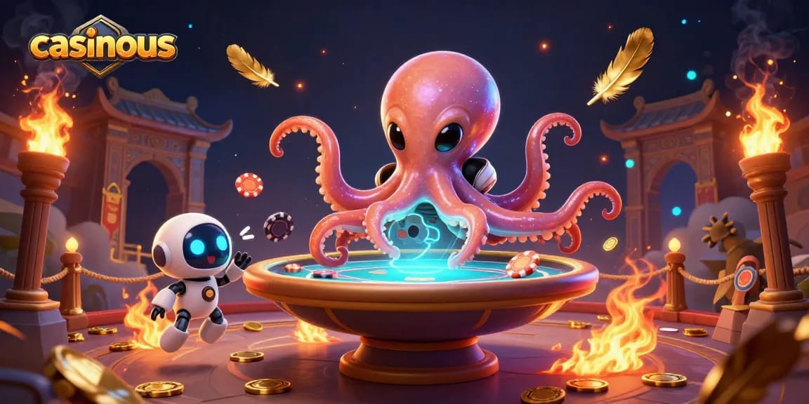 Experience casinous action with a vibrant scene of an alien octopus and robot at a poker table.