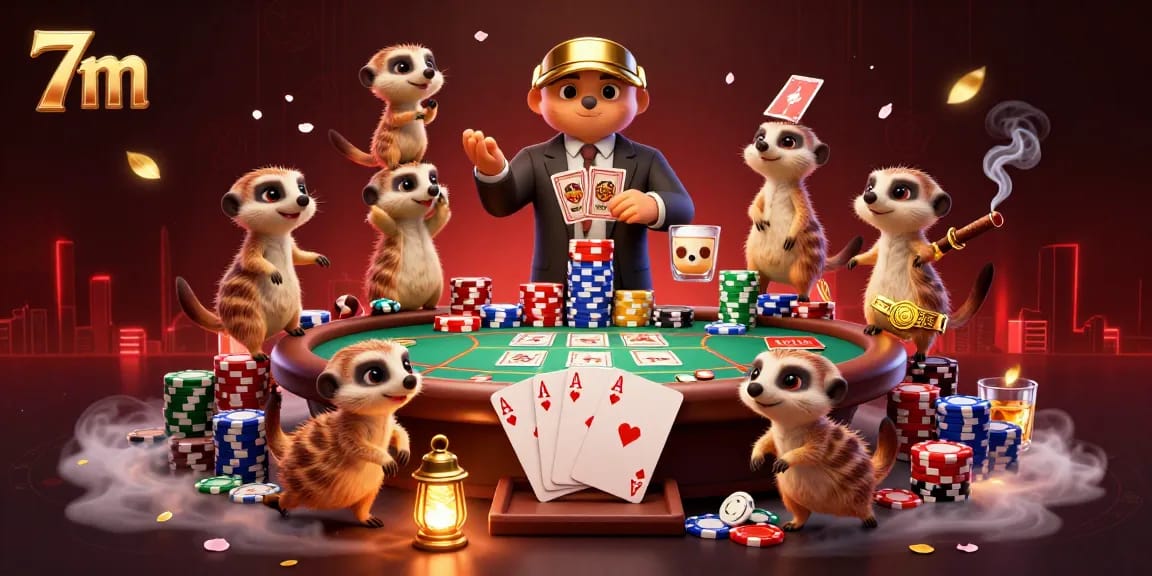 Experience thrilling gameplay at 7m with meerkats running a lively casino scene, showcasing poker action.