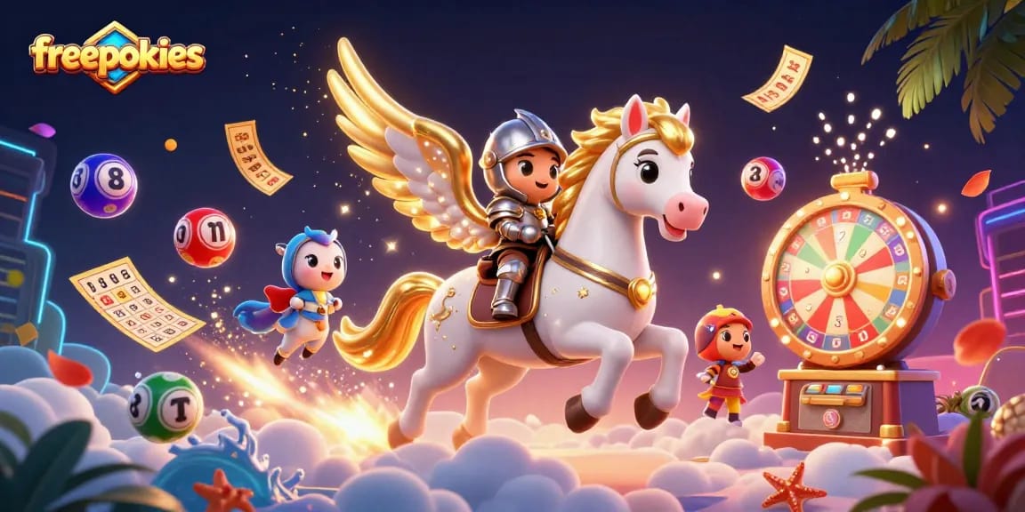 Experience the thrill of freepokies with a celestial horse and knight beneath vibrant lottery elements.