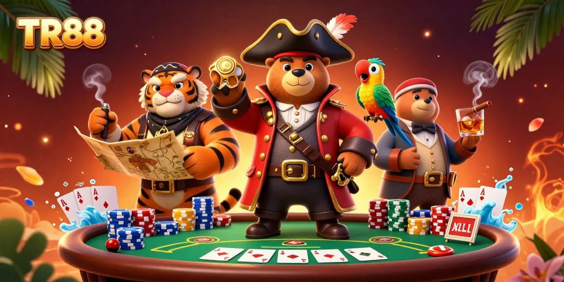 Join the excitement at TR88 with an ultra-detailed cartoon illustration of a pirate-themed poker scene.