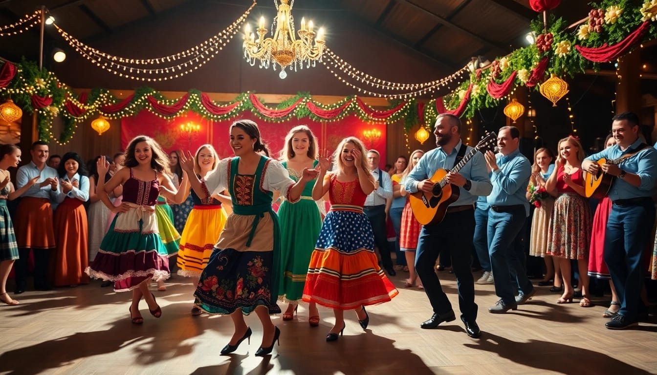 Dansatori bucurându-se de muzica de petrecere într-o atmosferă vibrantă și festivă.