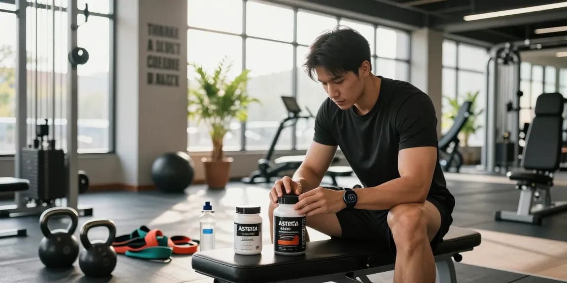 Exploring Astera Shop products in a modern gym setting during a workout.