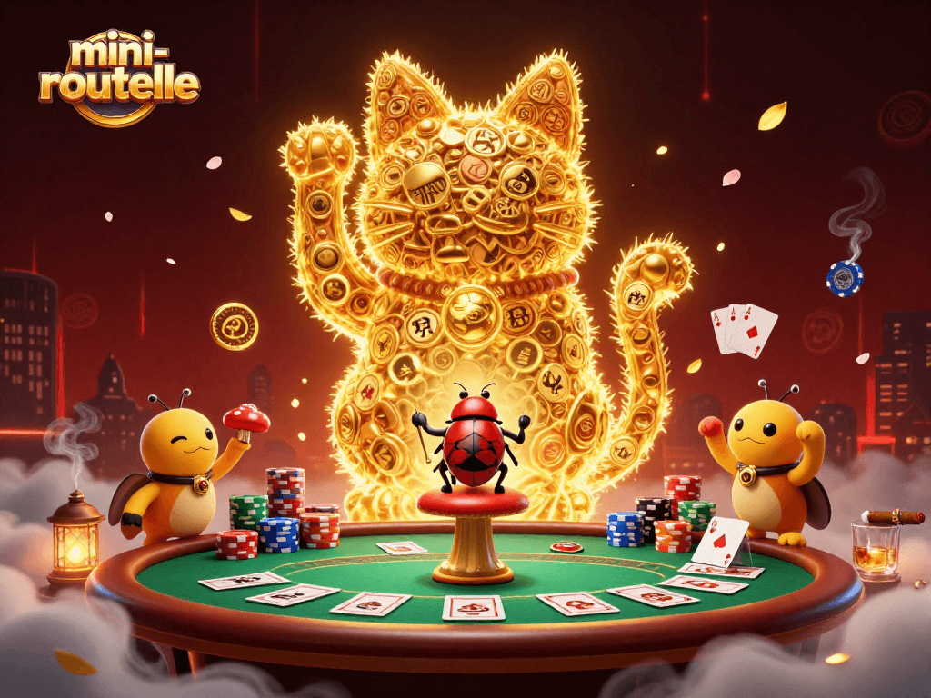Engage with mini-roulette through a lively scene of golden fireflies forming a lucky cat among vibrant casino elements.
