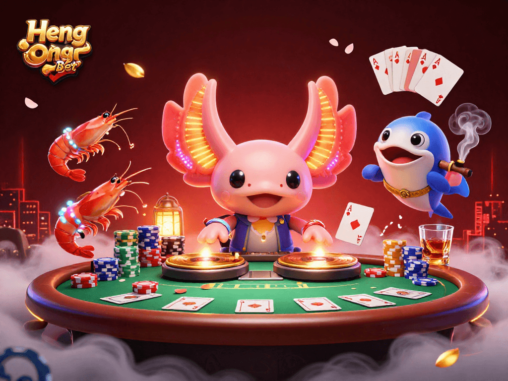 Engage with Heng Ong Bet at a vibrant casino scene featuring colorful axolotl DJ, poker elements, and dynamic characters.