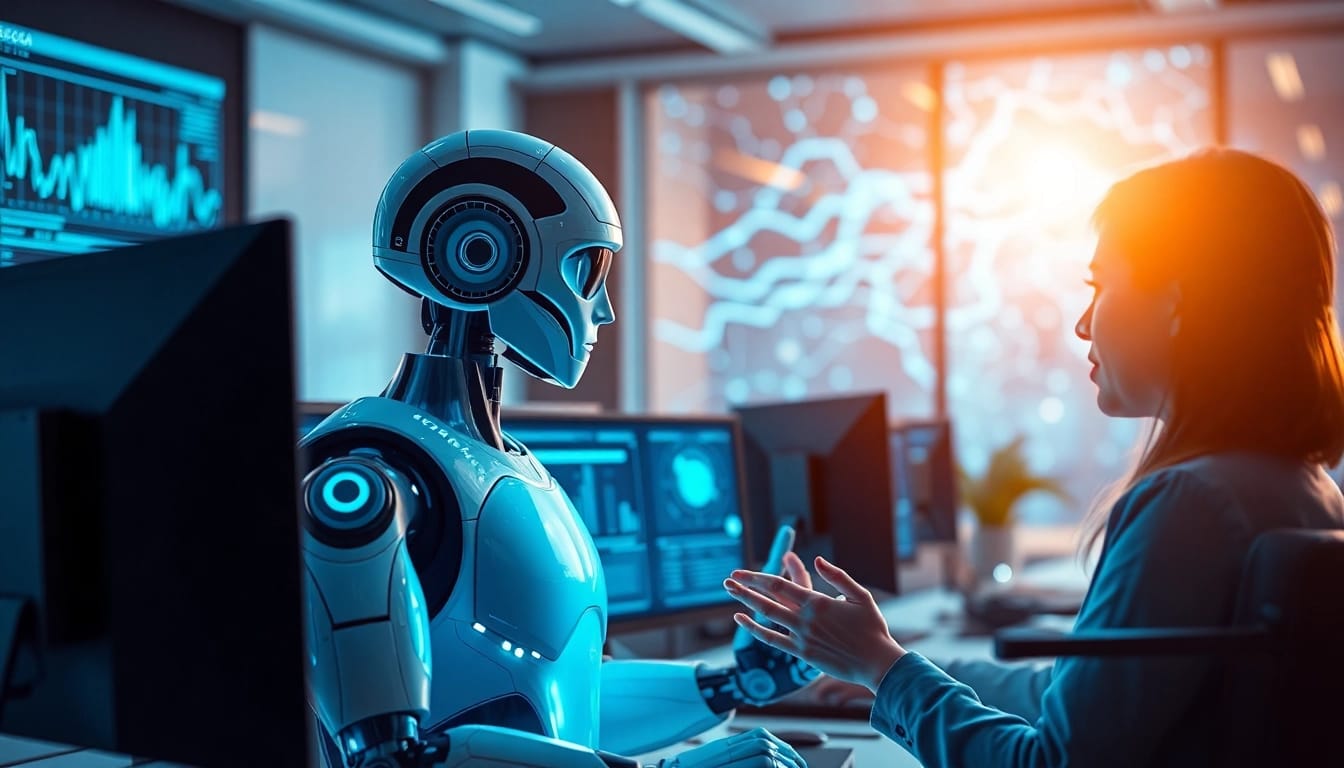 Ai Bots engaging with users in a modern office setting, showcasing advanced technology and interaction.