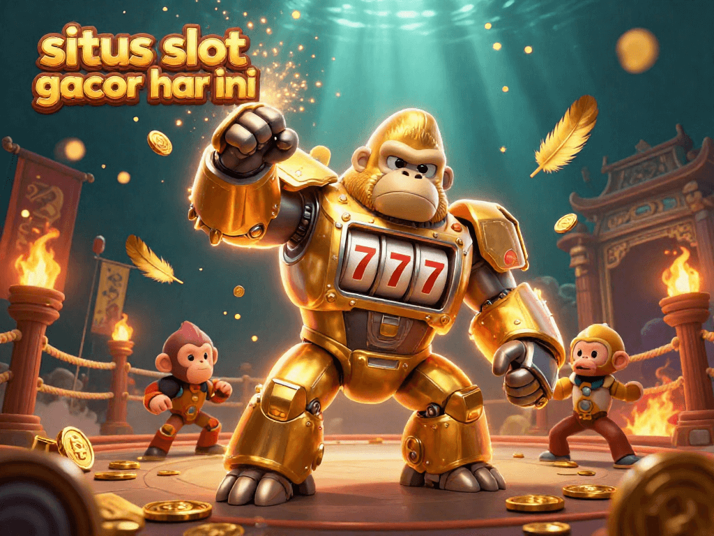 Experience the excitement of situs slot gacor hari ini with a golden gorilla mech in a vibrant casino scene.