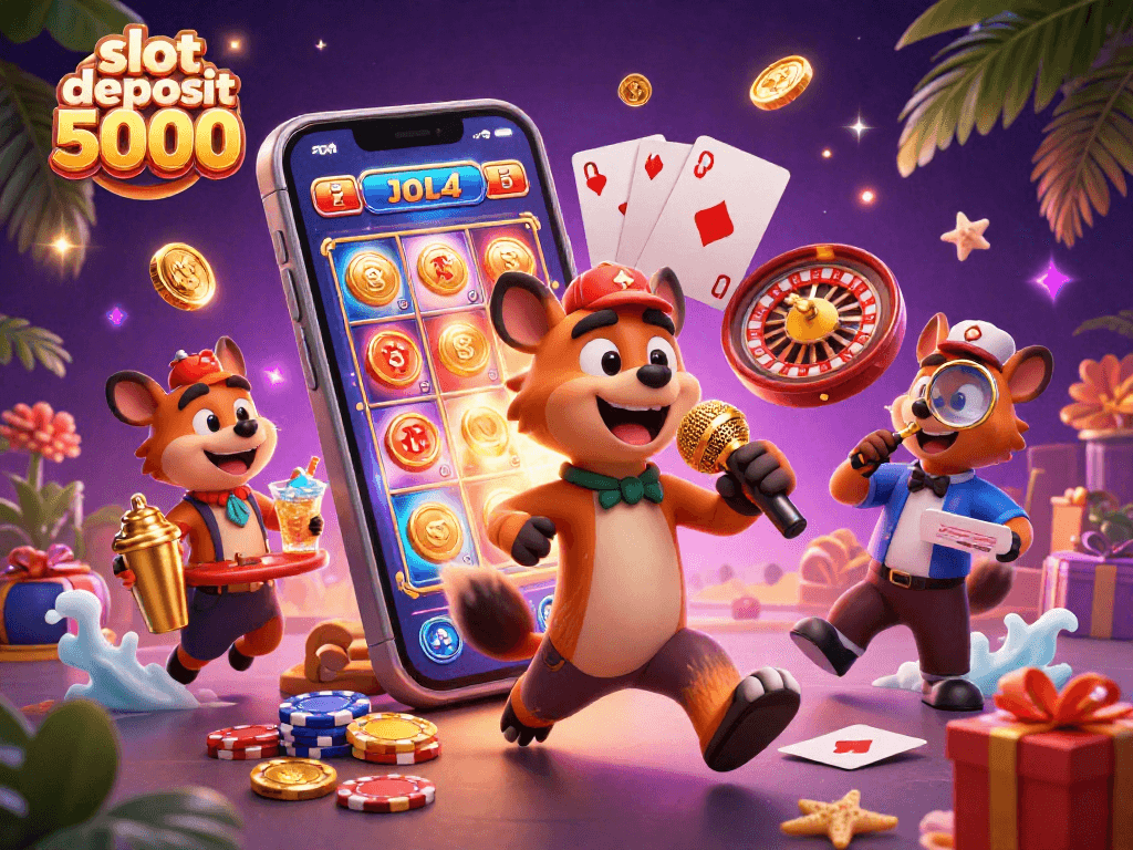 Join the fun with "slot deposit 5000" as hyena comedians serve up laughter in a vibrant casino scene.