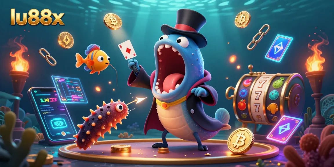 Experience the magic of lu88x with an underwater casino illustration showcasing vibrant slot games and crypto elements.
