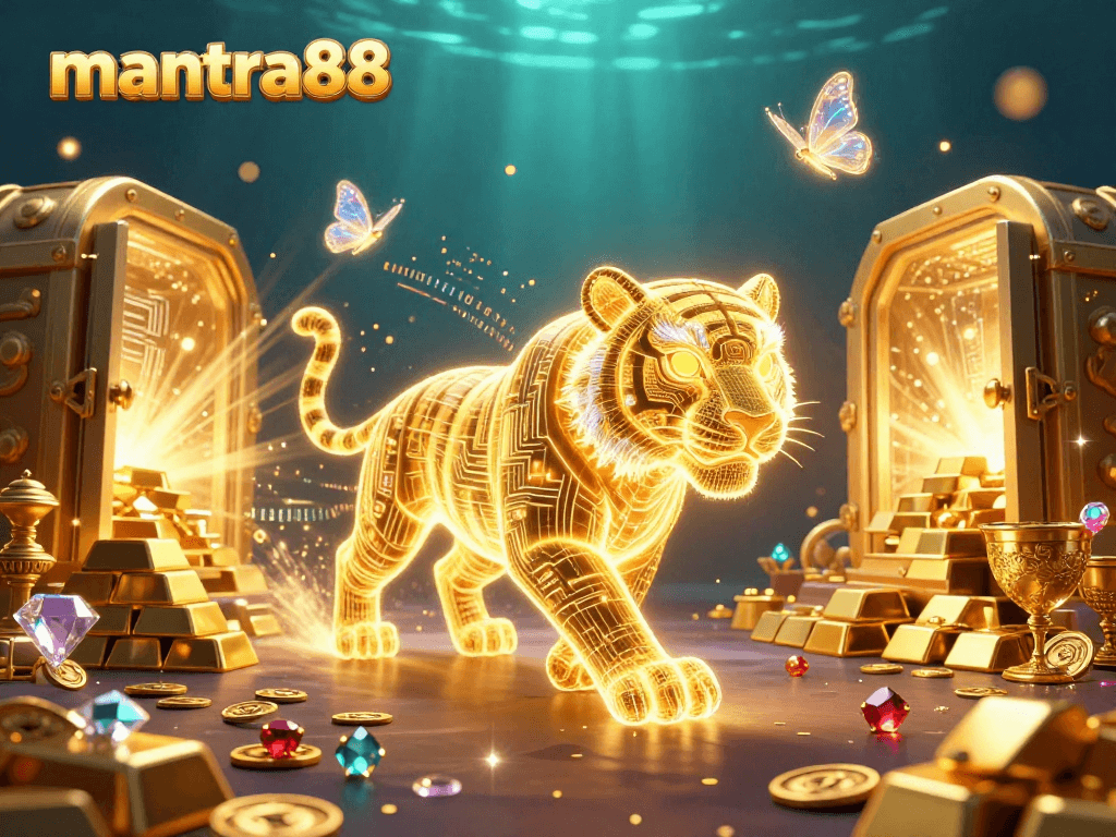 Experience the excitement of mantra88 with a neon tiger in a vibrant casino scene filled with treasures.
