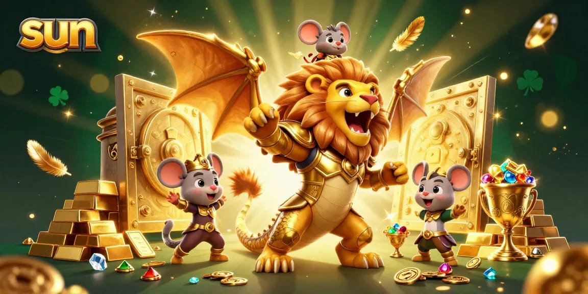 Join the sun's triumphant adventure in this vibrant casino scene with roaring chimera and treasures.