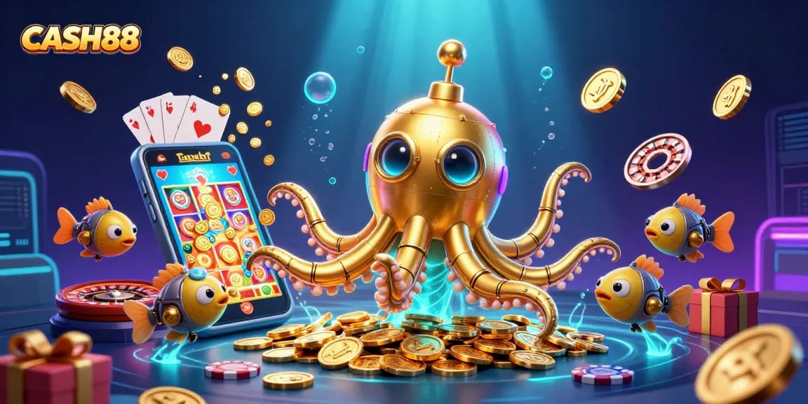 CASH88 showcases a dynamic scene with a golden kraken submarine surfacing through golden coins, offering a vibrant casino experience.