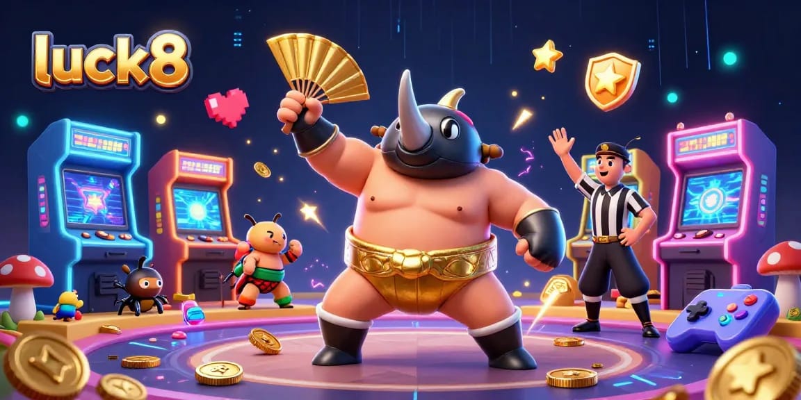 Watch luck8's thrilling gameplay with vibrant 3D characters battling for coins and riches in this dynamic scene.